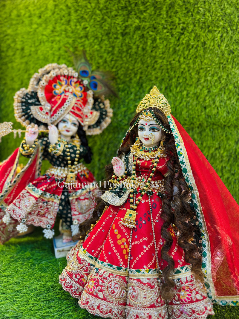 Red Bandhani Cone Poshak for Radha Krishna Ji