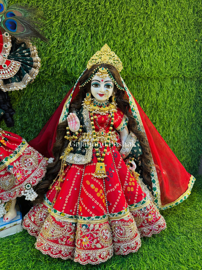 Red Bandhani Cone Poshak for Radha Krishna Ji