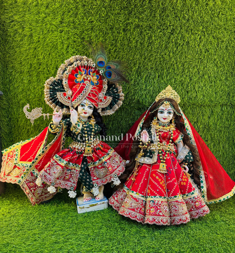 Red Bandhani Cone Poshak for Radha Krishna Ji