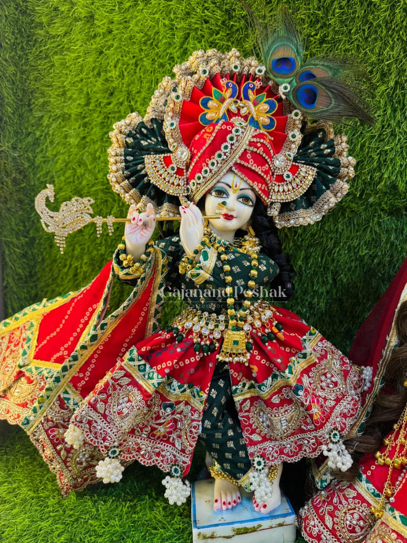 Red Bandhani Cone Poshak for Radha Krishna Ji