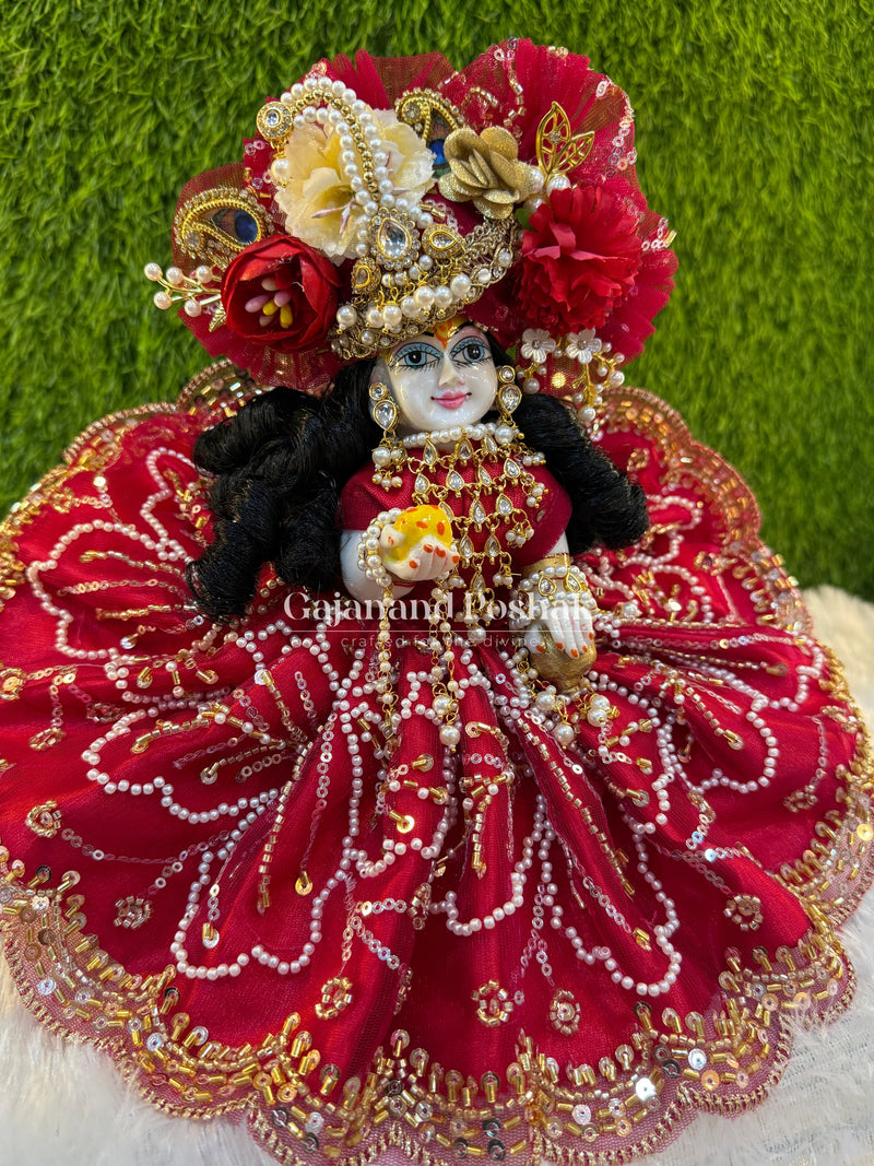 Cherry Pearl Diwali Poshak for Laddu Gopal Ji – close-up of pearl and sequin work