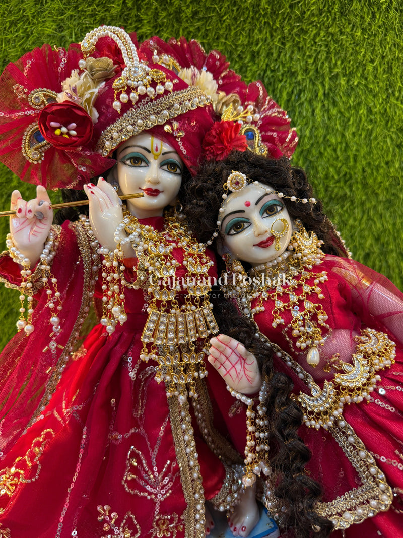 Cherry Pearl Diwali Poshak for Radha Krishna Ji – close-up