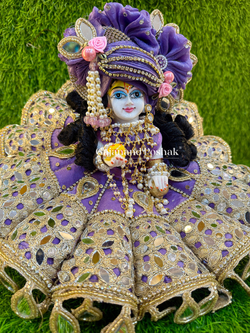 Lavender Mirror Poshak for Laddu Gopal Ji - pagdi and mirror work close-up