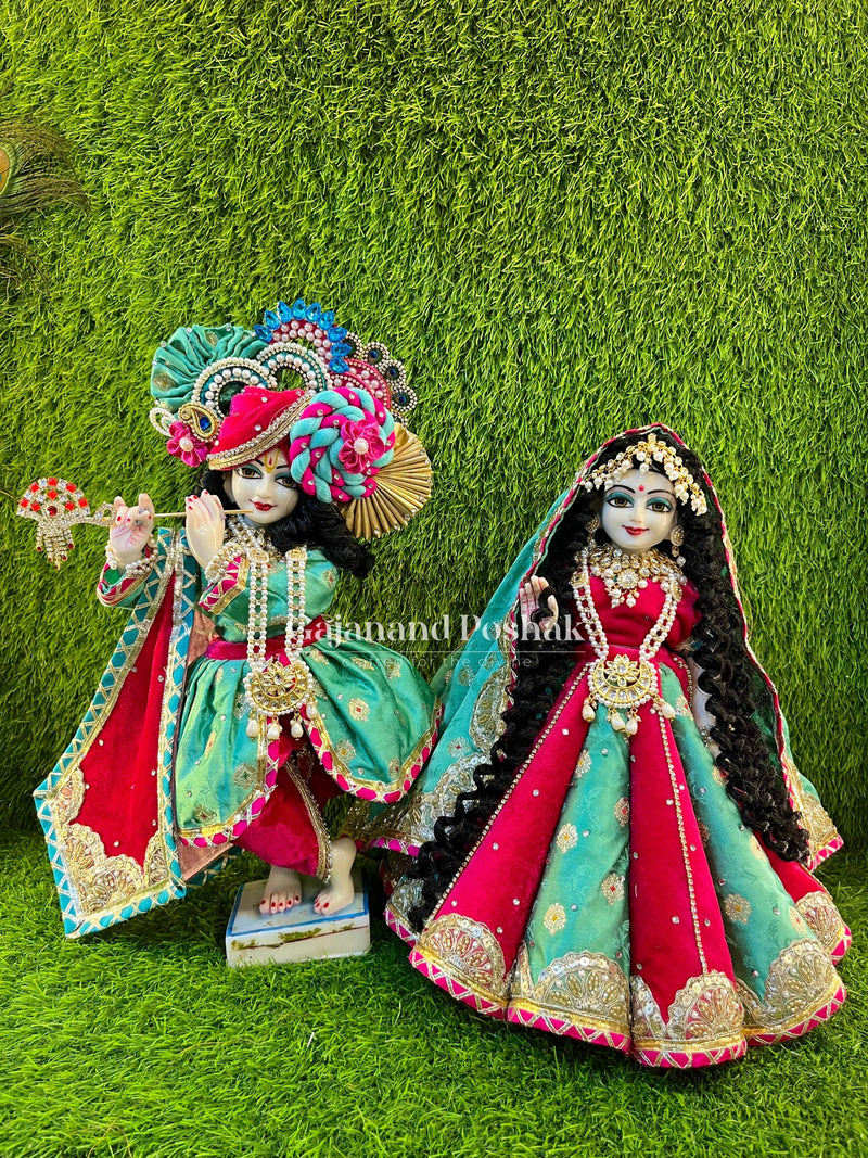 Green Rani Velvet Diwali Poshak for Radha Krishna Ji