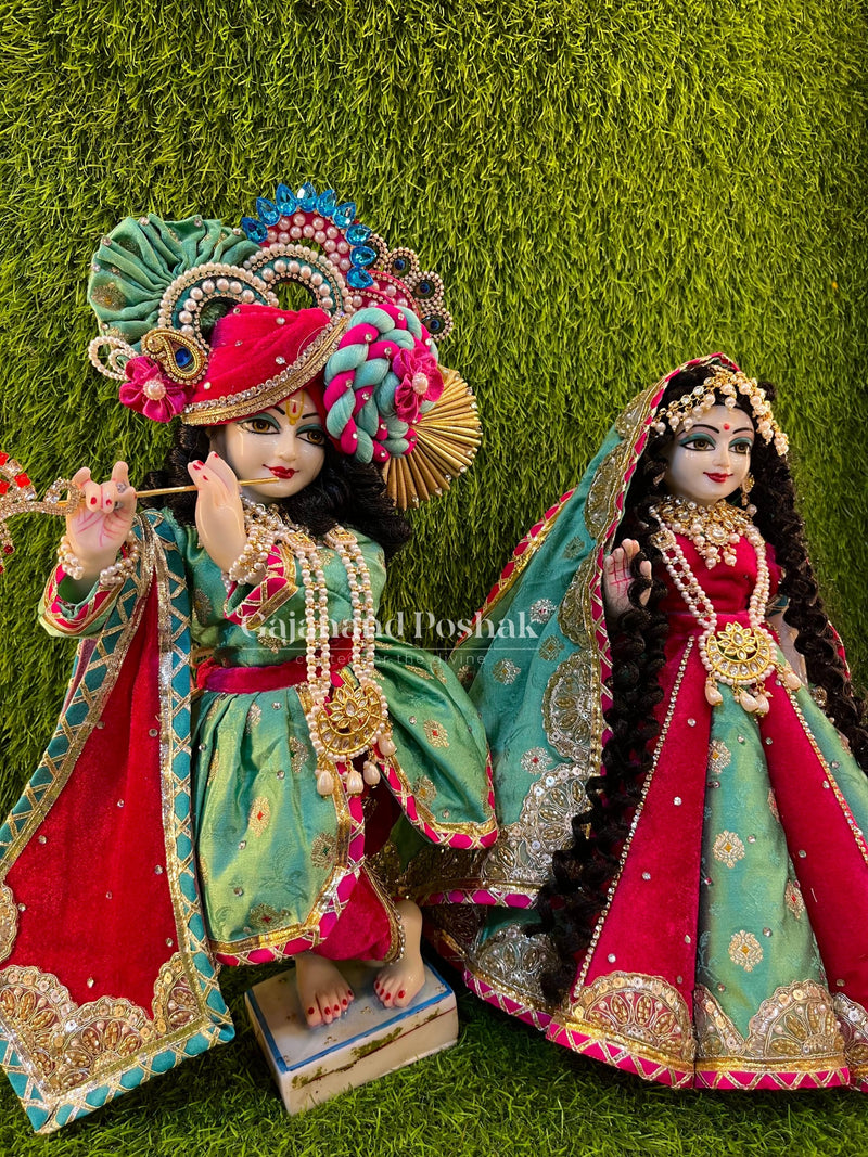 Green Rani Velvet Diwali Poshak for Radha Krishna Ji