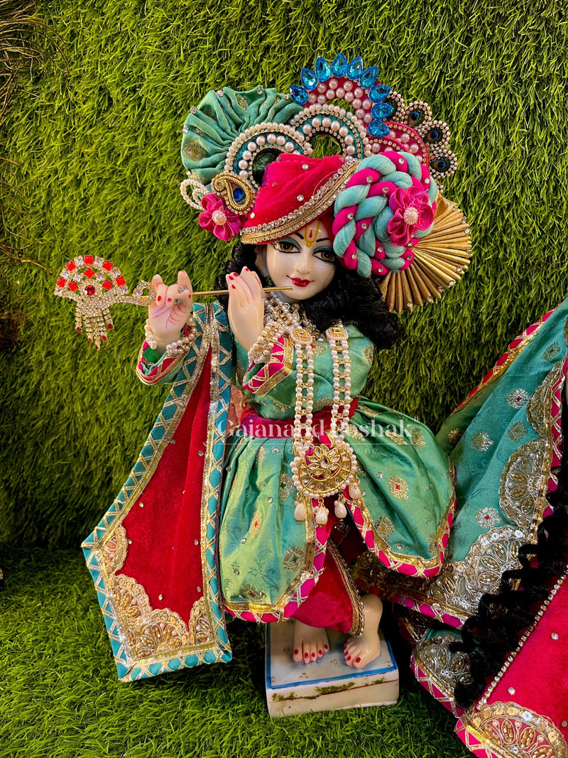 Krishna Ji in Green Rani Velvet Diwali Poshak