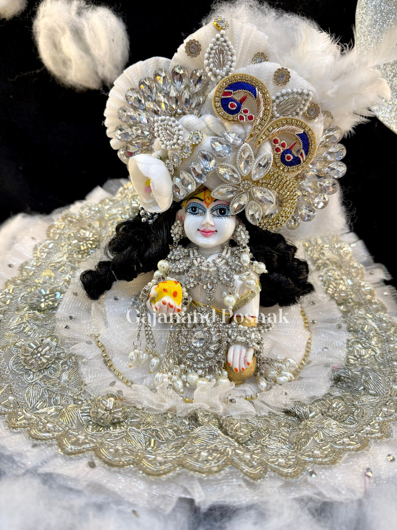 White Silver Sharad Poshak for Laddu Gopal Ji - pagdi and silver work close-up